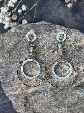 Mixed Metal Hoop Dangle Earrings with Turquoise Bead Accents